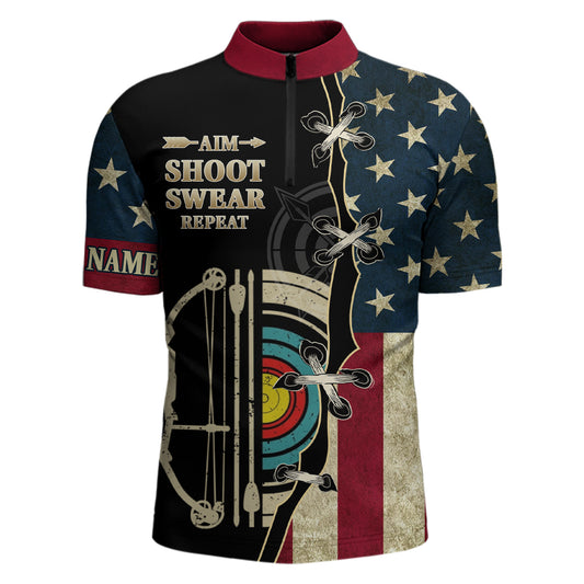 Personalized Aim Shoot Swear Repeat US Flag Archery Quarter-Zip Shirts For Men Target Archery Shirt VHM0660