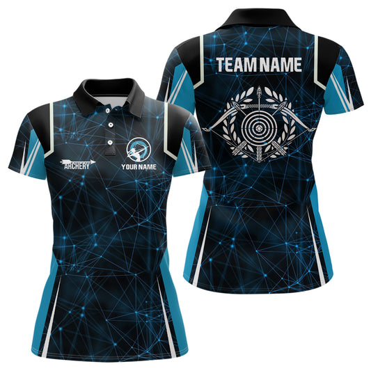 Personalized Blue 3D Target Archery Polo Shirts For Women, Custom Bow And Arrow Archery Shirts VHM0790