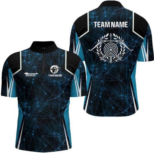 Personalized Blue 3D Target Archery Quarter-Zip Shirts For Men Custom Bow And Arrow Archery Shirts VHM0790