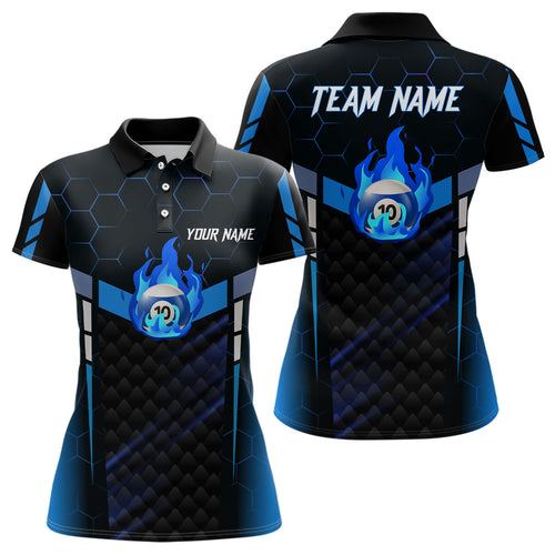 Personalized Blue Fire 10 Ball Billiard 3D Polo Shirts For Women, Custom 10 Ball Pool Team Jerseys VHM1022