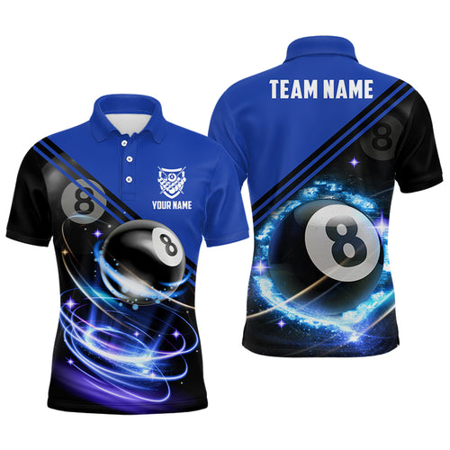 Personalized 8 Ball Billiard Blue 3D Polo Shirts For Men, Custom 8 Ball Pool Billiard Jerseys VHM0061
