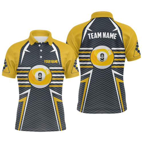 Personalized 9 Ball Pool Billiards Yellow Grey Polo Shirts For Men, Custom Pool Billiards Jerseys VHM0461
