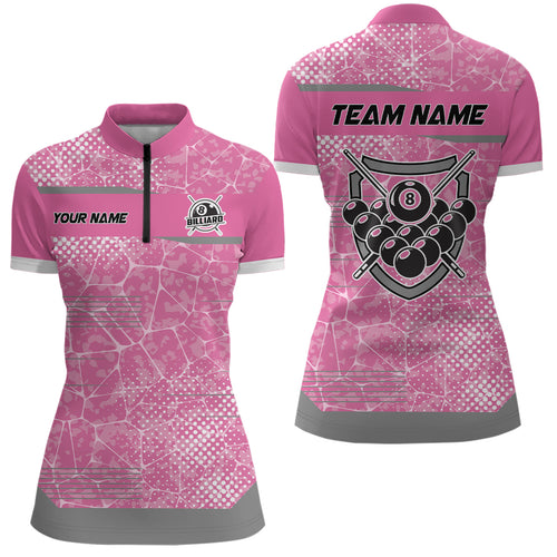 Personalized Pink Grey 8 Ball Billiard Quarter-Zip Shirts For Women, Custom Billiard Balls Jerseys VHM0811
