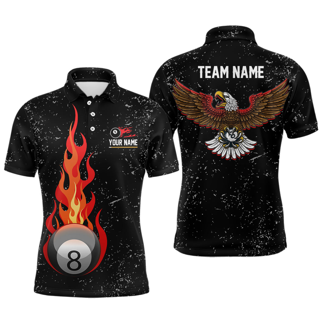 Personalized Grunge Black Flame 8 Ball Pool Polo Shirts For Men, Custom Eagle Billiard 8 Ball Shirt VHM0812