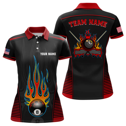 Personalized Red Black Fire 8 Ball Pool Polo Shirts For Women, Custom US Flag Billiard 8 Ball Shirts VHM0816