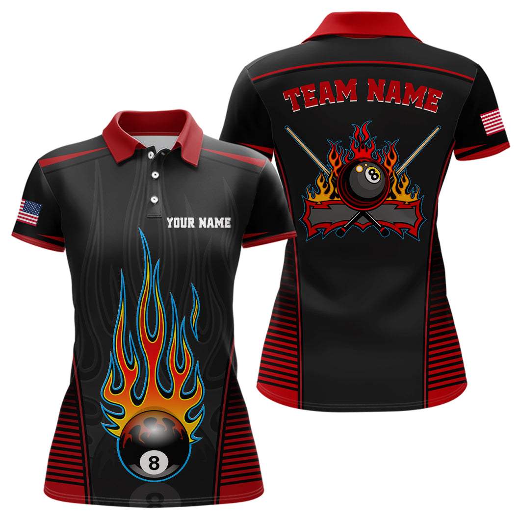 Personalized Red Black Fire 8 Ball Pool Polo Shirts For Women, Custom US Flag Billiard 8 Ball Shirts VHM0816