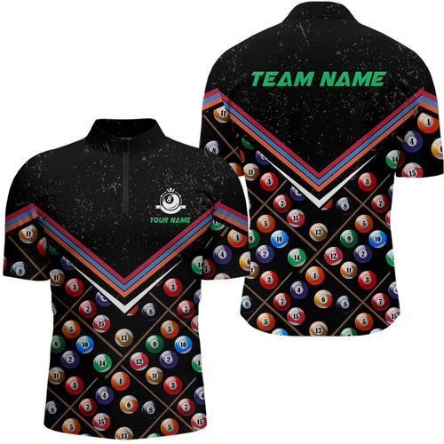 Personalized 3D Billiard Balls Quarter-Zip Shirts For Men, Custom Black Grunge 8 Ball Pool Shirts VHM0242