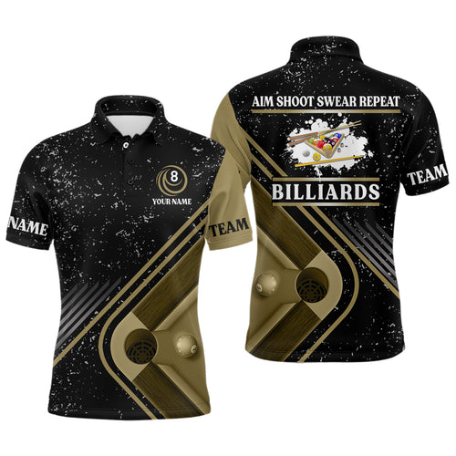 Billiard Aim Shoot Swear Repeat Custom Billiard Black Grunge Polo Shirts For Men, Billiard Jerseys VHM0487