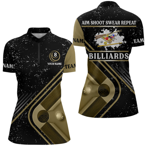 Billiards Aim Shoot Swear Repeat Custom Billiard Black Grunge Quarter-Zip Shirts For Women VHM0487