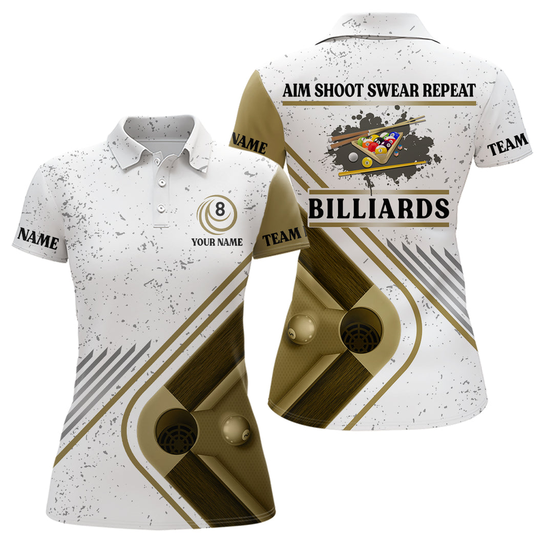 Billiard Aim Shoot Swear Repeat Custom Billiard White Grunge Polo Shirts For Women, Billiard Jerseys VHM0488