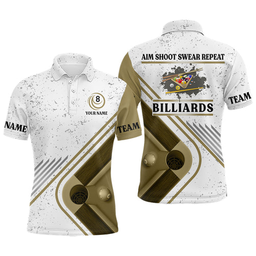 Billiard Aim Shoot Swear Repeat Custom Billiard White Grunge Polo Shirts For Men, Billiard Jerseys VHM0488
