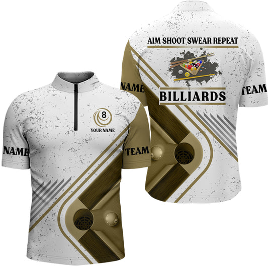 Billiards Aim Shoot Swear Repeat Custom Billiard White Grunge Quarter-Zip Shirts For Men VHM0488