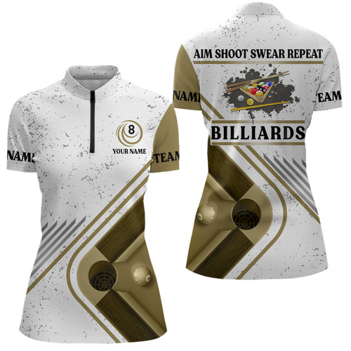 Billiards Aim Shoot Swear Repeat Custom Billiard White Grunge Quarter-Zip Shirts For Women VHM0488