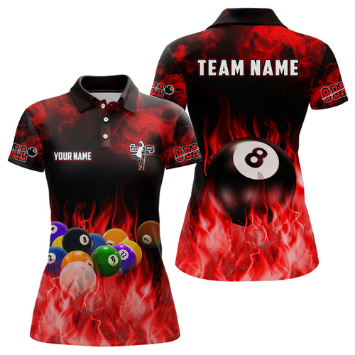 Personalized Billiard Balls Flame Billiard Red 3D Polo Shirts For Women, Custom 8 Ball Pool Jerseys  VHM0491