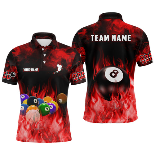 Personalized Billiard Balls Flame Billiard Red 3D Polo Shirts For Men, Custom 8 Ball Pool Jerseys  VHM0491