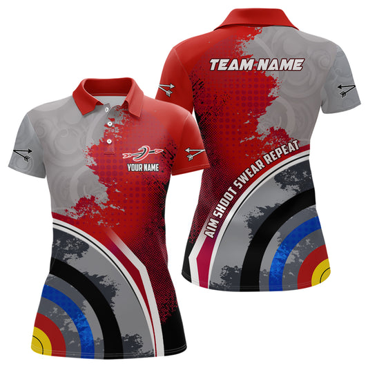 Personalized Aim Shoot Swear Repeat Archery Polo Shirts For Women, Red Grey 3D Target Archery Shirts VHM0706