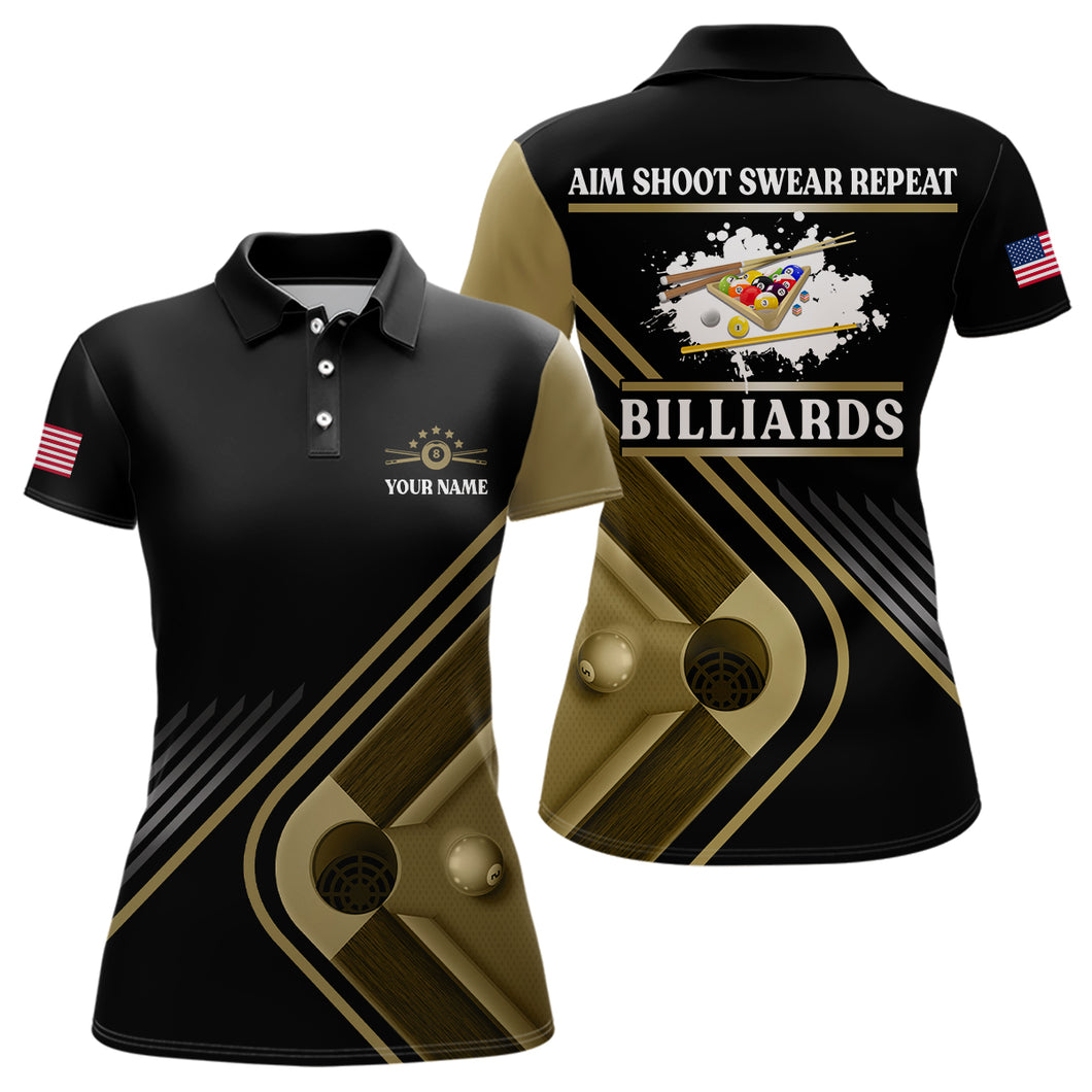 Billiards Aim Shoot Swear Repeat Custom Billiard Polo Shirts For Women, Custom US Flag Pool Shirts VHM0270