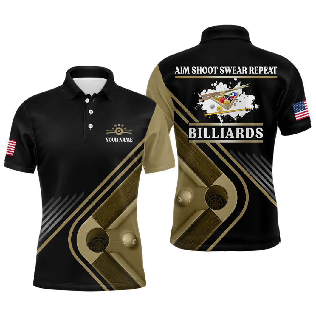 Billiards Aim Shoot Swear Repeat Custom Billiard Polo Shirts For Men, Custom US Flag Pool Shirts VHM0270
