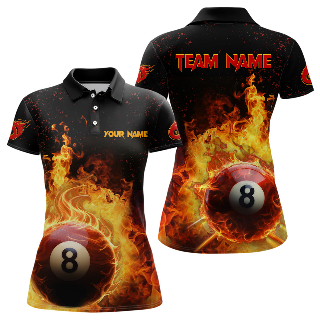 Personalized Fire 8 Ball Pool Black Billiard 3D Polo Shirts For Women, Custom Billiard Team Shirts VHM0504