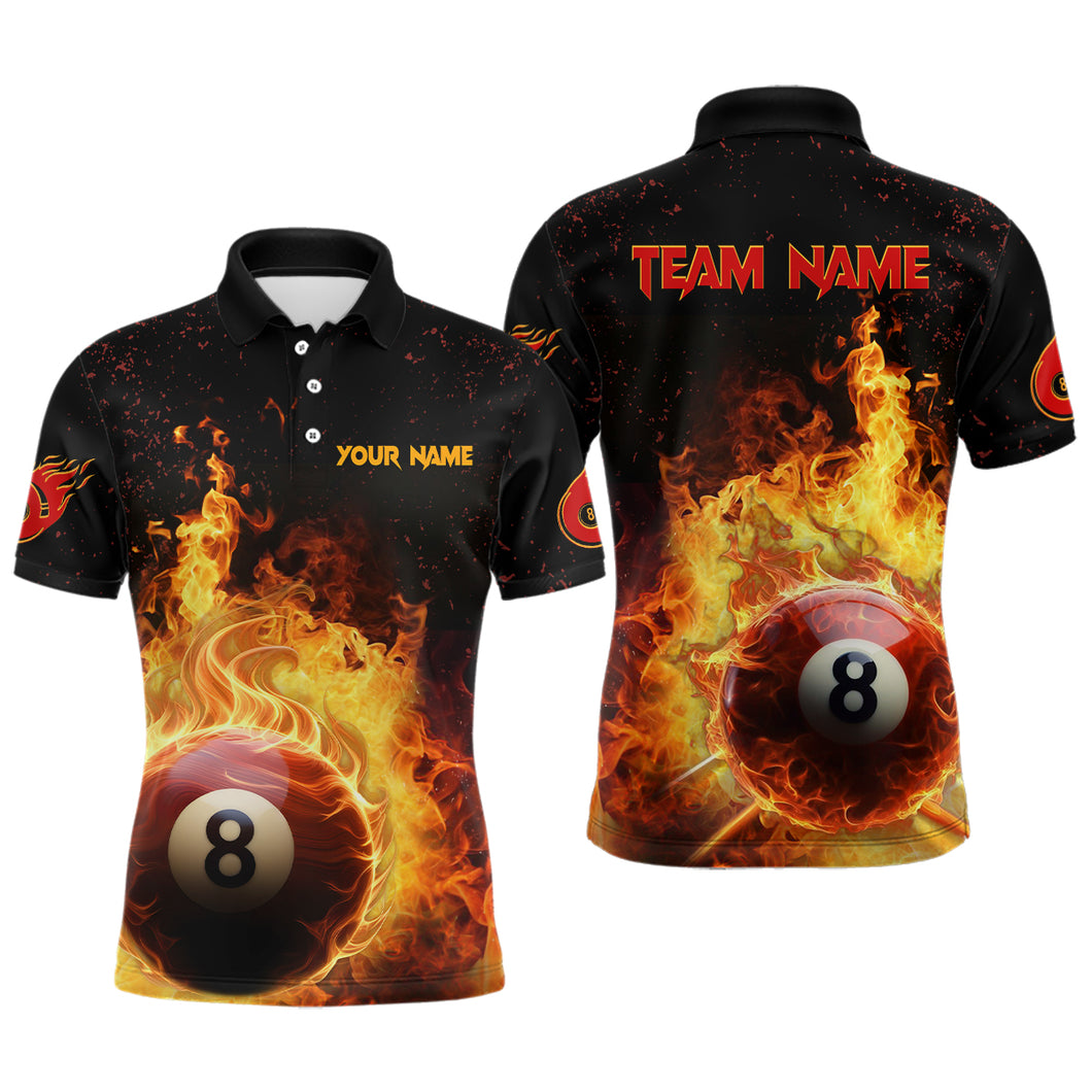 Personalized Fire 8 Ball Pool Black Billiard 3D Polo Shirts For Men, Custom Billiard Team Shirts VHM0504