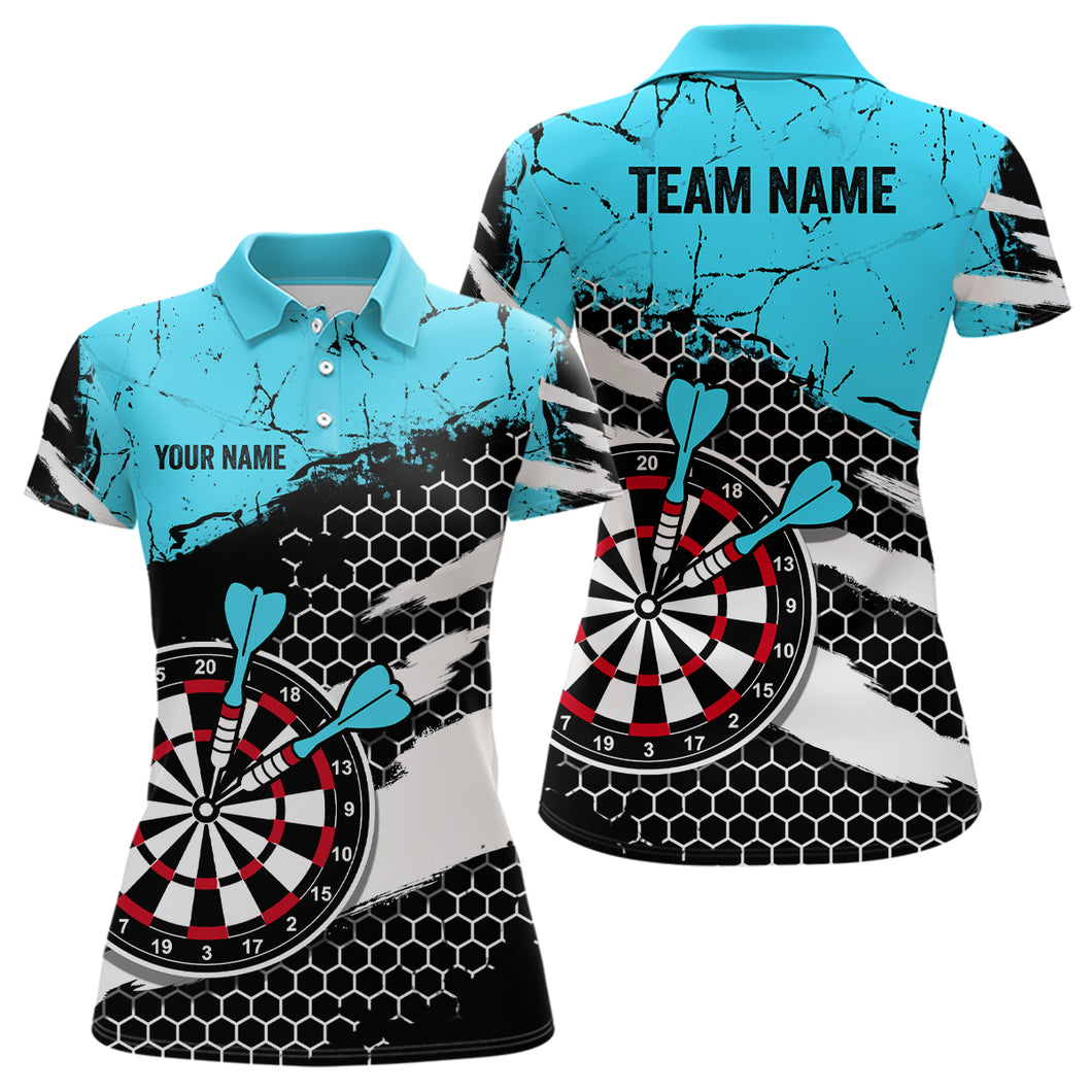 Blue Grunnge Hive Pattern Darts Polo Shirts For Women, Dart Team Jerseys Custom Womens Dart Apparel VHM1112