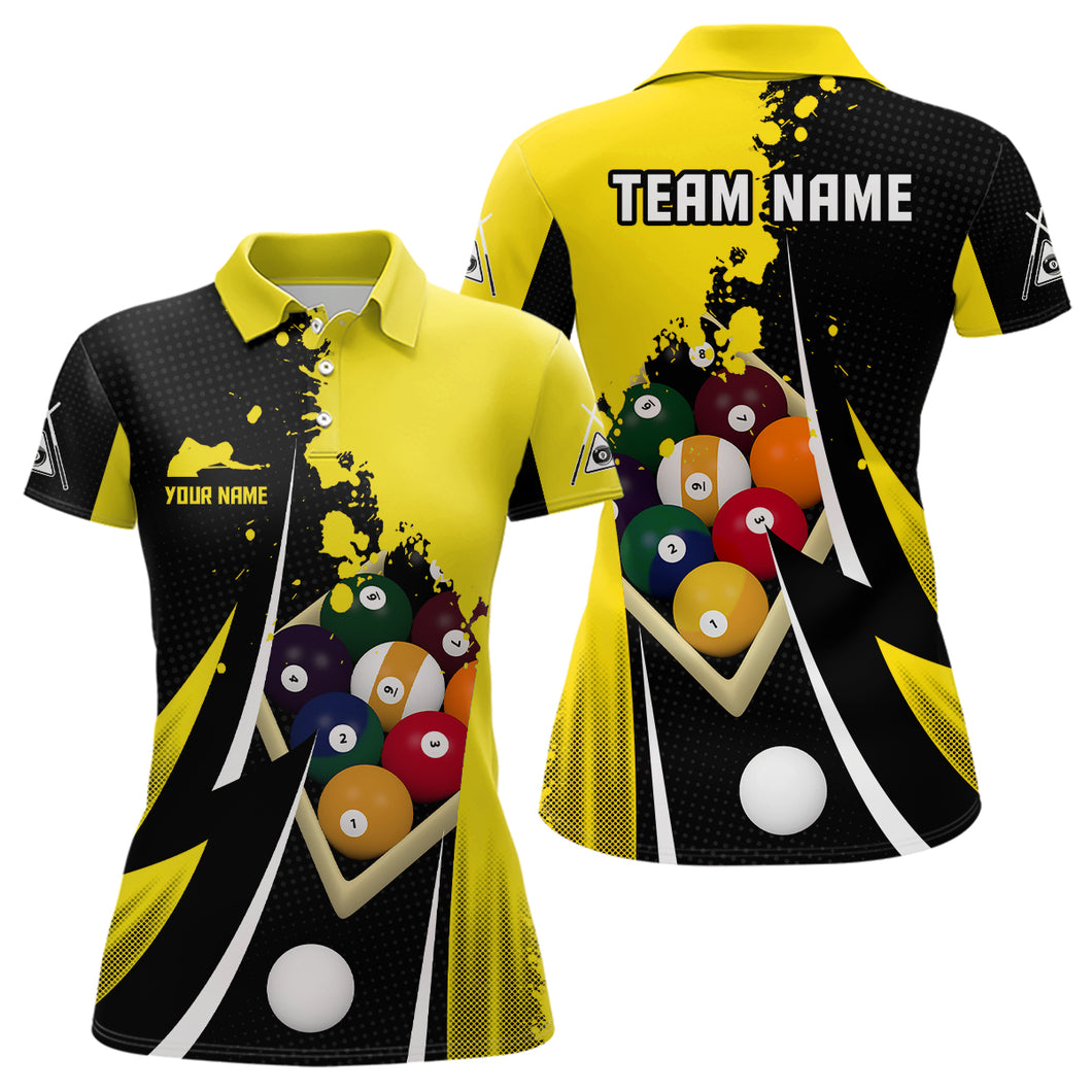 Personalized 9 Ball Pool Billiard Balls 3D Black Yellow Polo Shirts For Women, 9 Ball Billiard Shirts VHM0514