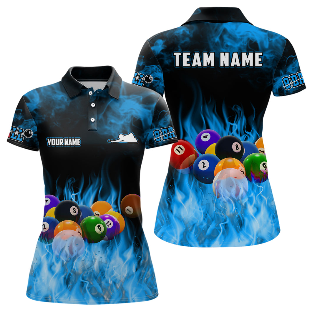 Personalized Billiard Balls Flame Billiard Blue 3D Polo Shirts For Women, Custom 8 Ball Pool Jerseys VHM0518