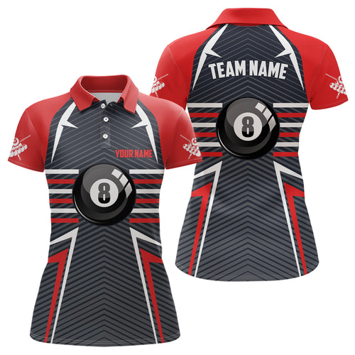 Personalized 8 Ball Billiards Red Grey Polo Shirts For Women, Custom Name Pool Billiard Jerseys VHM0291