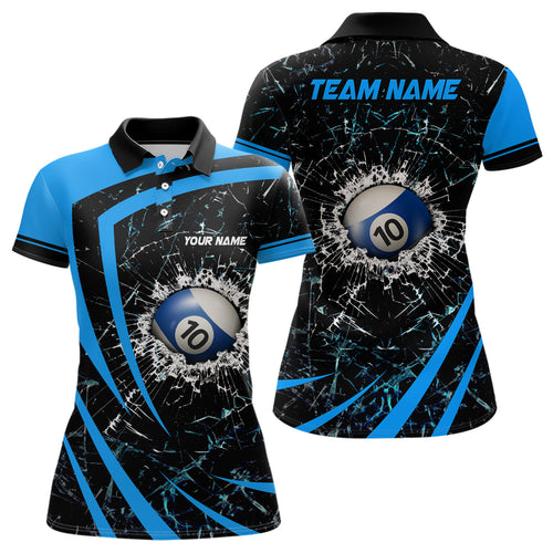 Personalized Blue Glass Break 10 Ball Billiard 3D Polo Shirts For Women, Custom 10 Ball Pool Jerseys VHM0971