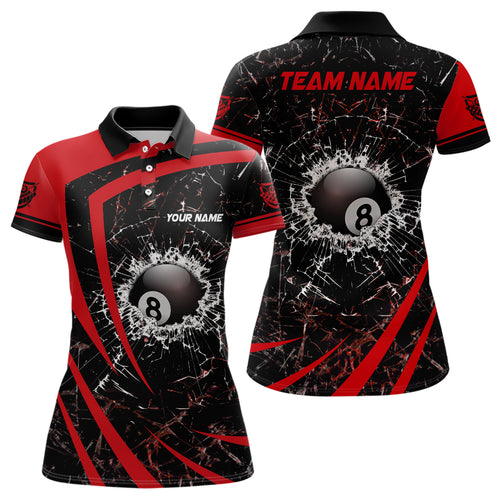 Personalized Red Glass Break 8 Ball Billiard 3D Polo Shirts For Women, Custom 8 Ball Pool Jerseys VHM0973
