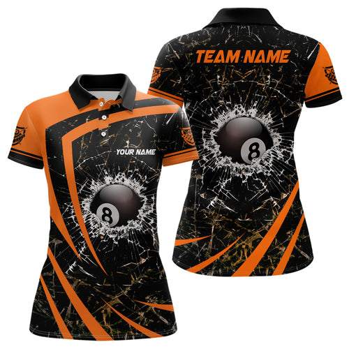 Personalized Orange Glass Break 8 Ball Billiard 3D Polo Shirts For Women, Custom 8 Ball Pool Jerseys VHM0975