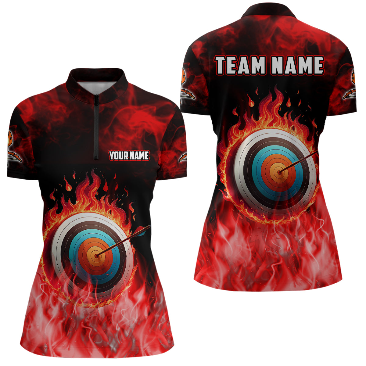 Personalized Red Flaming Target Archery 3D Quarter-Zip Shirts For Women, Bow Arrow Archery Jerseys VHM0987
