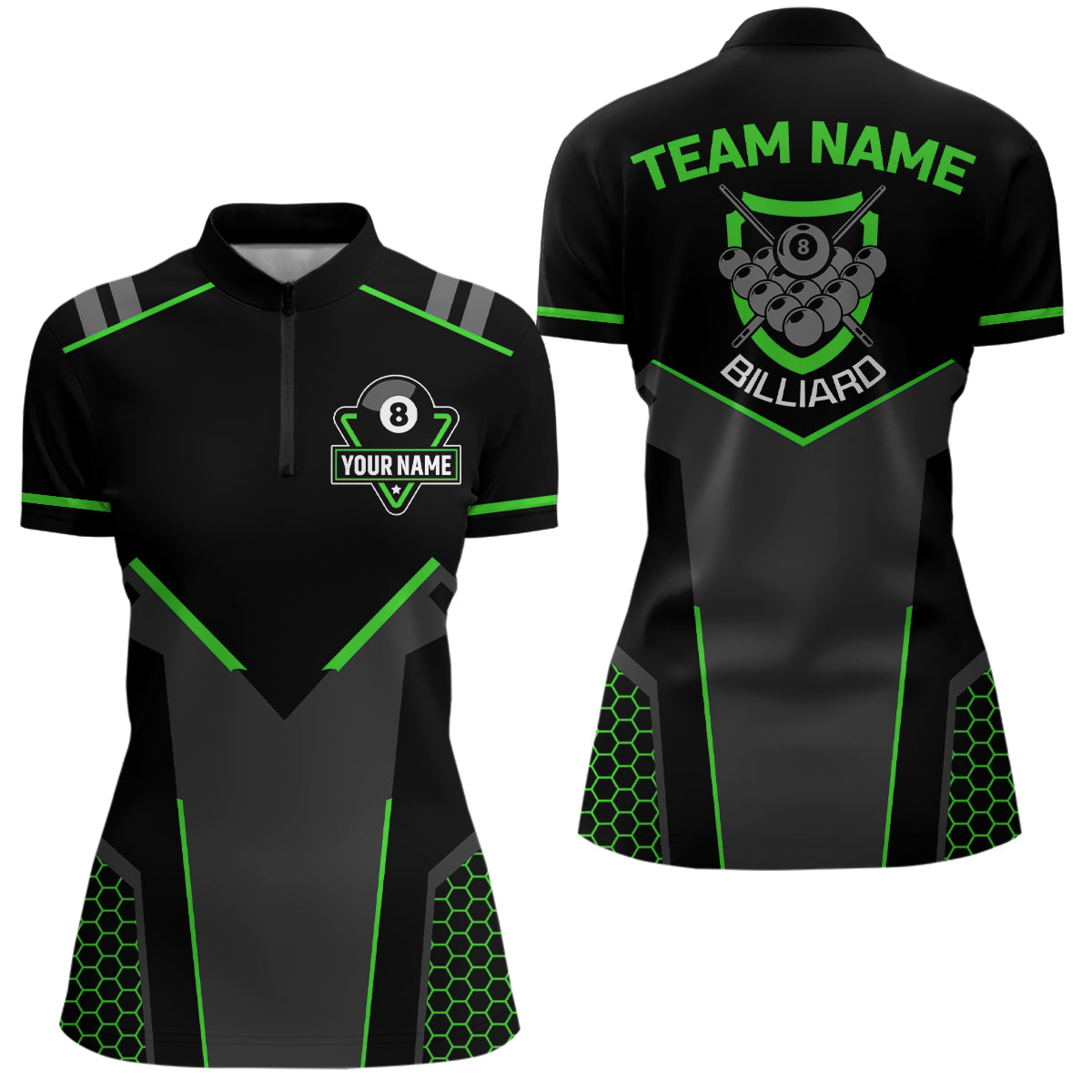 Personalized Black Green 8 Ball Billiard 3D Quarter-Zip Shirts For Women, 8 Ball Pool Team Jerseys VHM1058