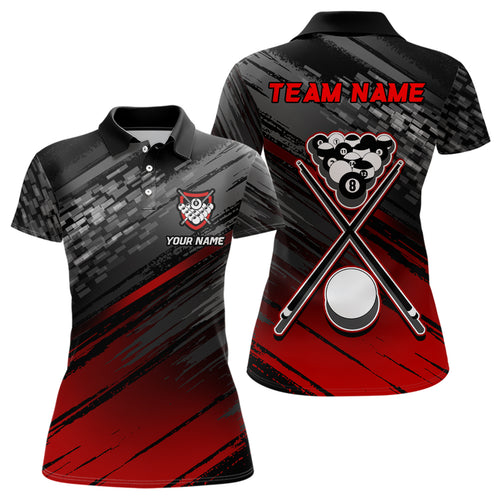 Personalized Sports Style Black Red 8 Ball Pool Polo Shirts For Women, Custom Billiard 8 Ball Jerseys VHM1049