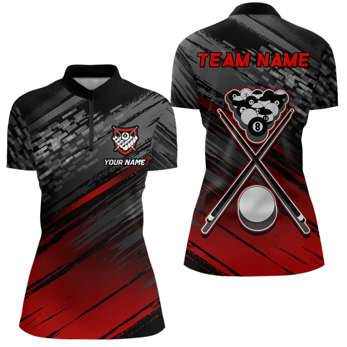 Personalized Sports Style Black Red 8 Ball Pool Quarter-Zip Shirts For Women, Billiard 8 Ball Jerseys VHM1049