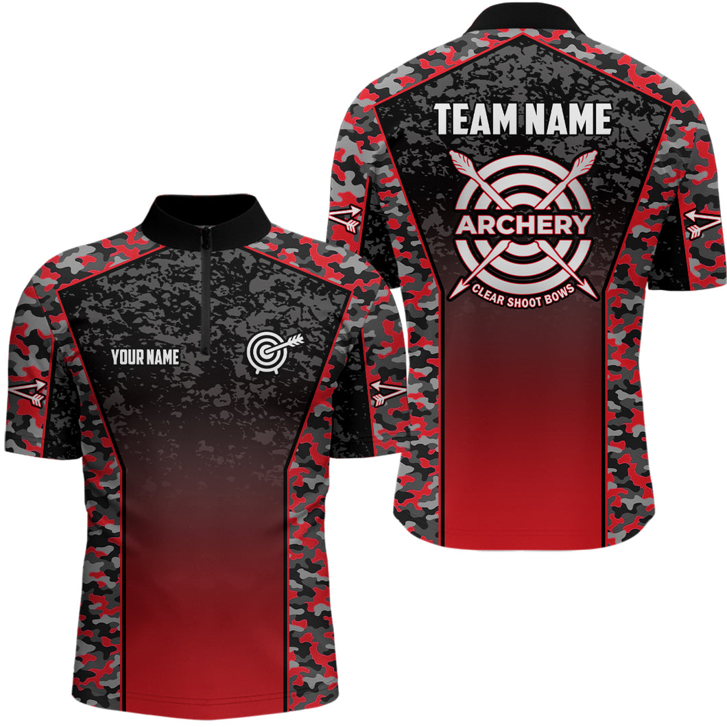 Personalized Camo Red Archery Quarter-Zip Shirts For Men, Archery Jerseys Custom Archery Team Shirt VHM1133