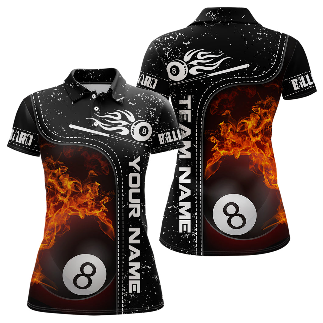 Personalized 8 Ball Flame Billiard Black 3D Polo Shirts For Women, Custom Name Billiard Team Shirts VHM0337