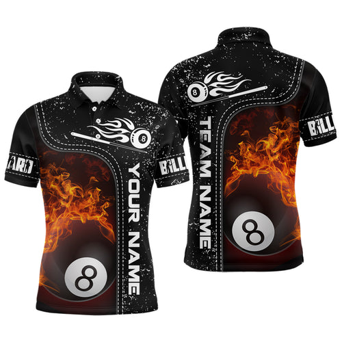 Personalized 8 Ball Flame Billiard Black 3D Polo Shirts For Men, Custom Name Billiard Team Shirts VHM0337