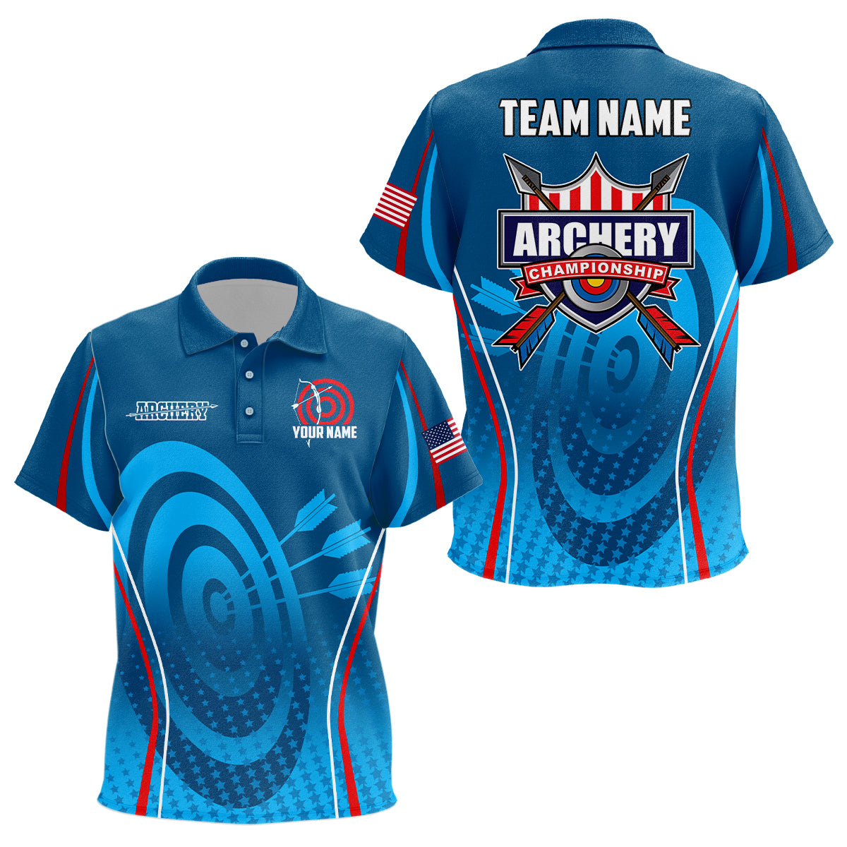 Personalized Blue Red Target Archery Polo Shirts For Kids, Archery Champion US Flag Archery Shirts VHM0569