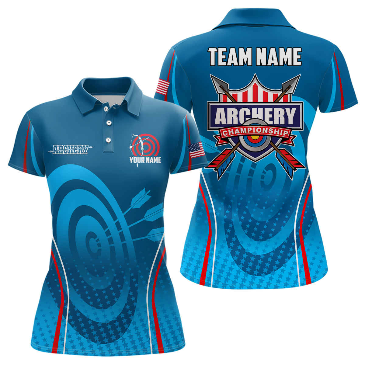 Personalized Blue Red Target Archery Polo Shirts For Women, Archery Champion US Flag Archery Shirts VHM0569