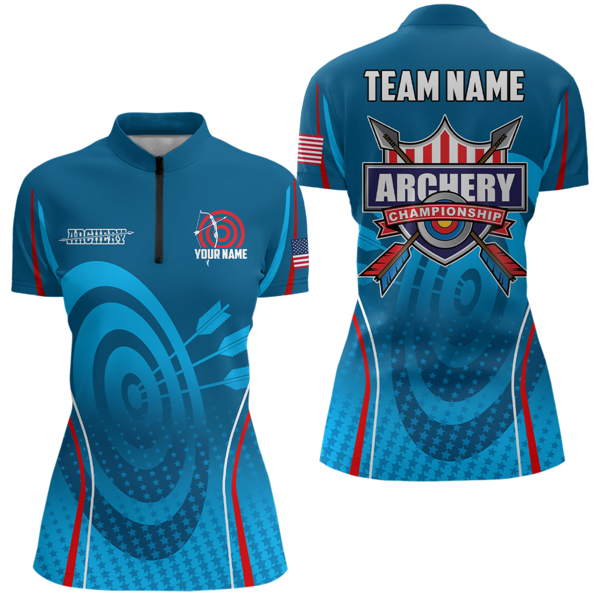 Personalized Blue Red Target Archery Quarter-Zip Shirts For Women, US Flag Archery Champion Shirts  VHM0569