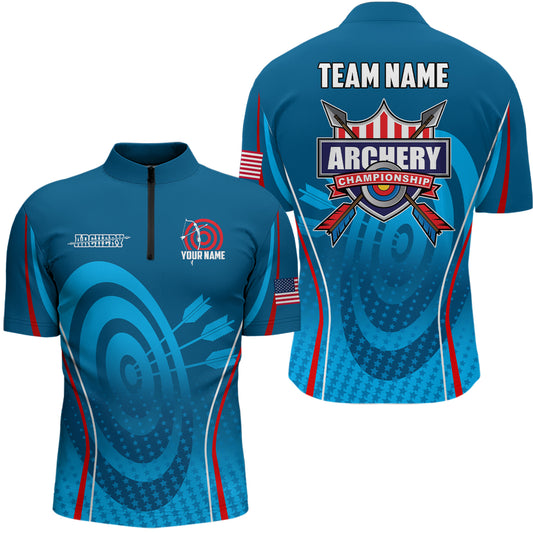 Personalized Blue Red Target Archery Quarter-Zip Shirts For Men, US Flag Archery Champion Shirts  VHM0569
