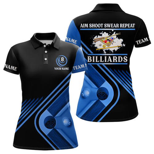 Billiards Aim Shoot Swear Repeat Custom Billiard Polo Shirts For Women, Blue Women Billiard Jerseys VHM0117
