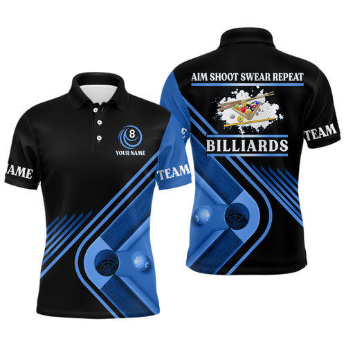 Billiards Aim Shoot Swear Repeat Custom Billiard Polo Shirts For Men, Blue Mens Billiard Jerseys VHM0117