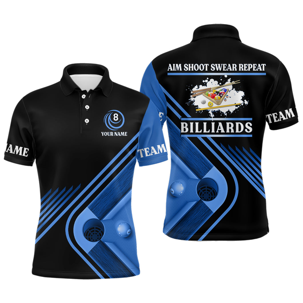 Billiards Aim Shoot Swear Repeat Custom Billiard Polo Shirts For Men, Blue Mens Billiard Jerseys VHM0117