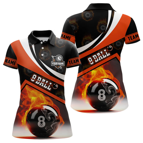 Personalized 8 Ball Pattern Flame Billiard Orange 3D Polo Shirts For Women, Custom Billiards Jerseys VHM0346