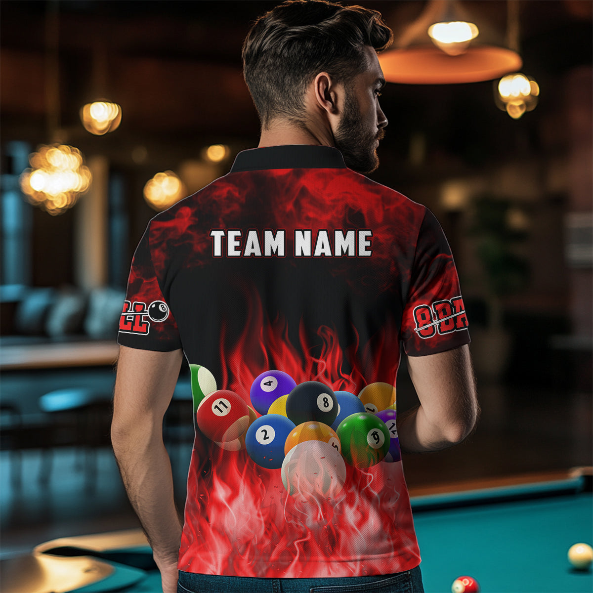 Personalized Billiard Balls Flame Billiard Red 3D Polo Shirts For Men, Custom 8 Ball Pool Jerseys VHM0348