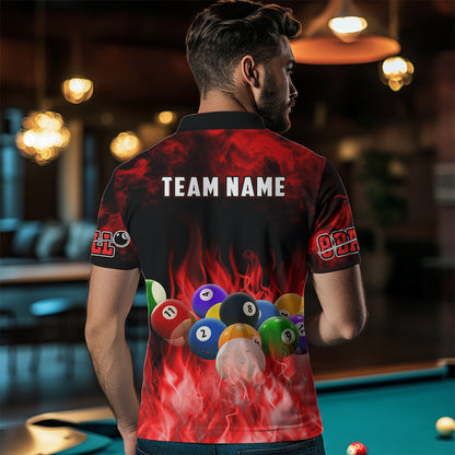 Personalized Billiard Balls Flame Billiard Red 3D Polo Shirts For Men, Custom 8 Ball Pool Jerseys VHM0348