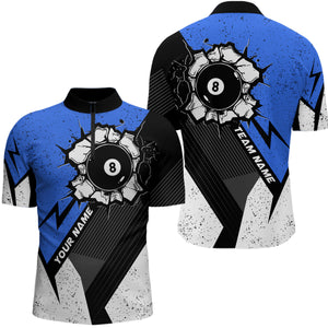 Personalized Blue Grunge 8 Ball Billiard 3D Quarter-Zip Shirts For Men, 8 Ball Pool Team Jerseys VHM1064