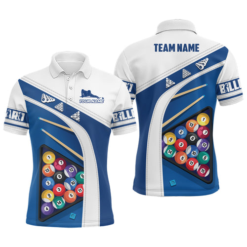 Personalized Blue White Billiard Balls 3D Polo Shirts For Men, Custom 8 Ball Billiards Jerseys VHM0126